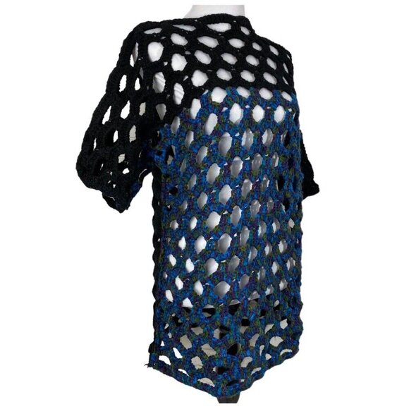 Handmade Women's New‎ Black Blue Short Sleeve Open Knit Tunic Sweater L/C44 - Picture 3 of 8